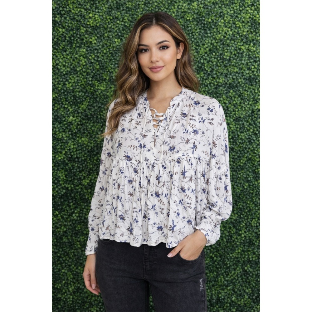 Nwot Sadie & sage white boho ruffle floral top cottagecore whimsical‎ minimalist